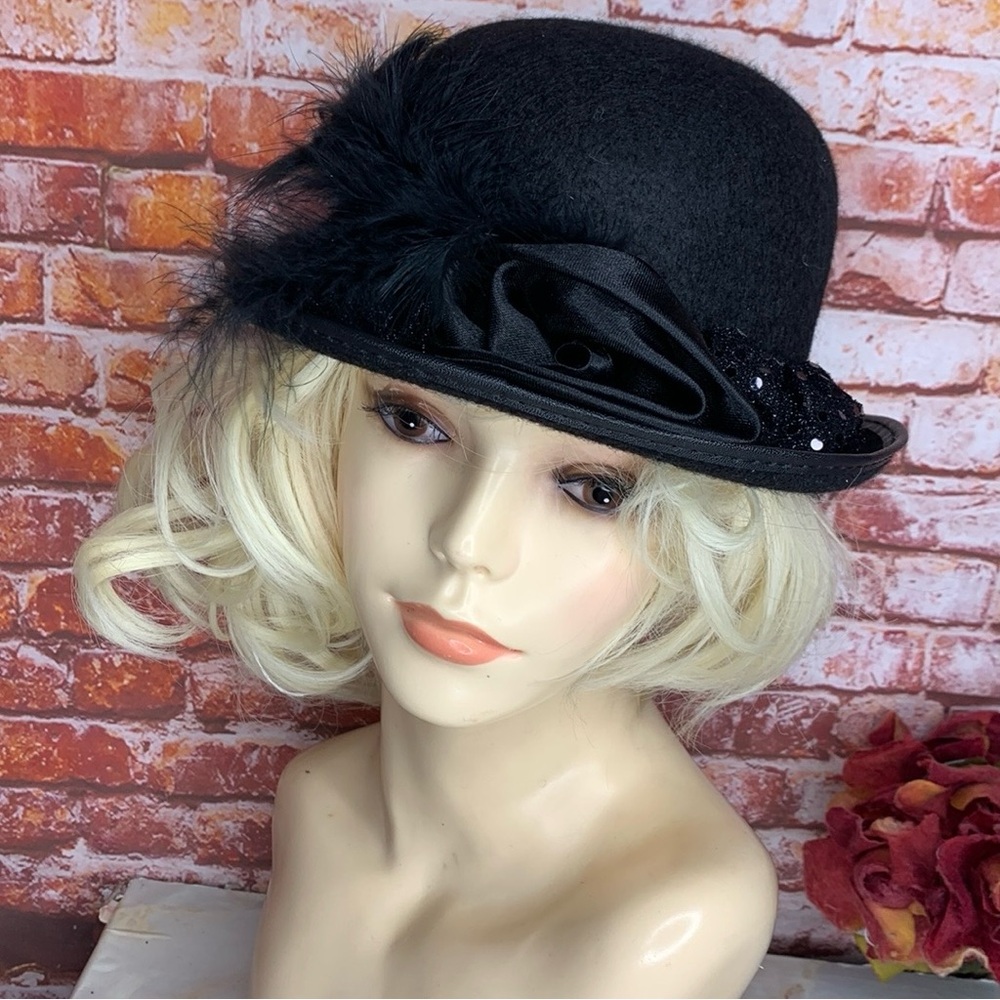 Black Felt Feather and Rhinestone Glam Costume Bowler Hat - Picture 4 of 10